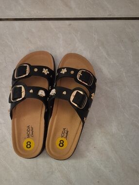 Kids' Black Double-Buckle Slide Sandals with Gold Accents